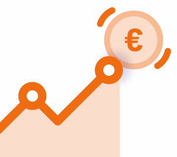 Ícone de um gráfico a subir e uma moeda num dos passos do produto da Contrinuição Definida.